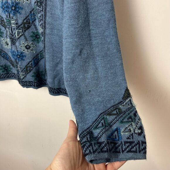 Peruvian Link Sweater Womens Large Blue Alpaca Blend Zip Cardigan Knit Pattern - Picture 4 of 7